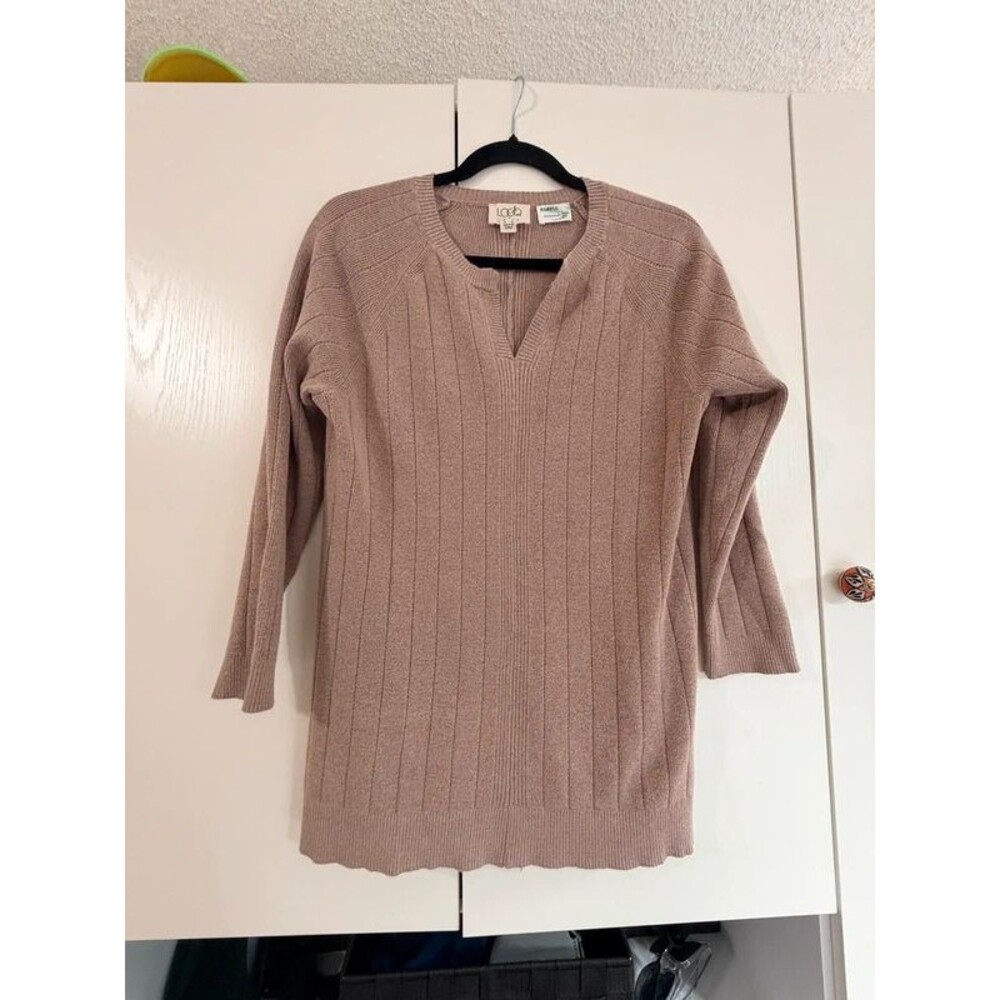 LOGO by Lori Goldstein Bamboo Ribbed Notch Neck Mauve Sweater